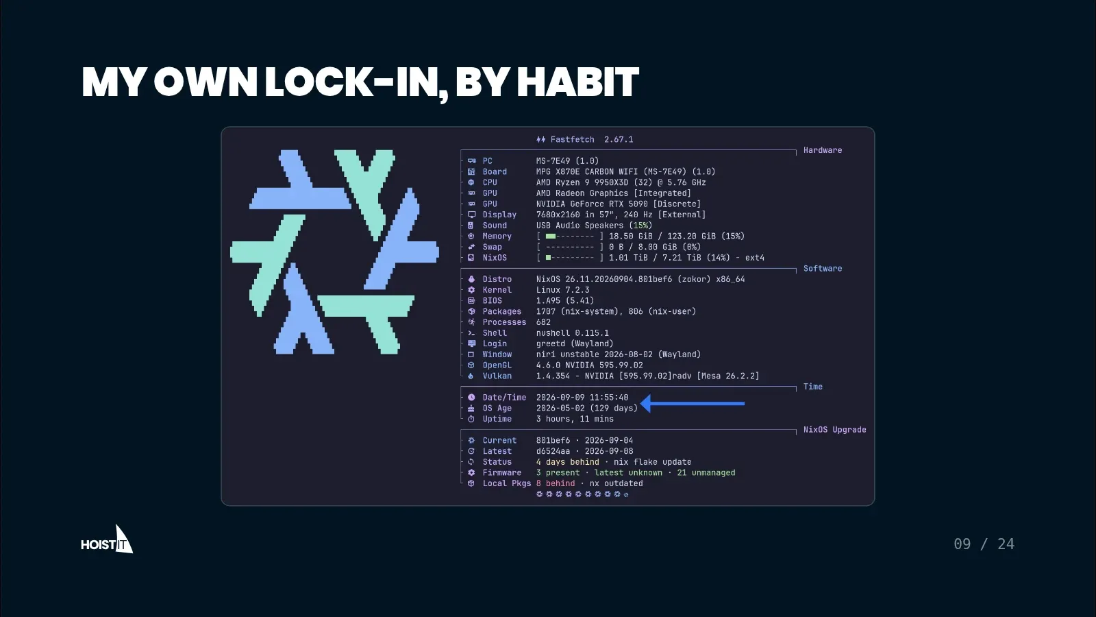Slide: "My own lock-in, by habit". A fastfetch screenshot of my workstation with the NixOS logo, on the day of the talk: OS age 2026-05-02, 129 days.